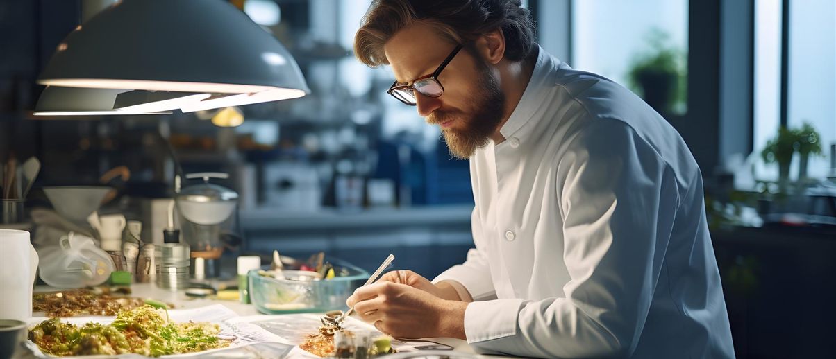 Chef plating food in a professional kitchen
