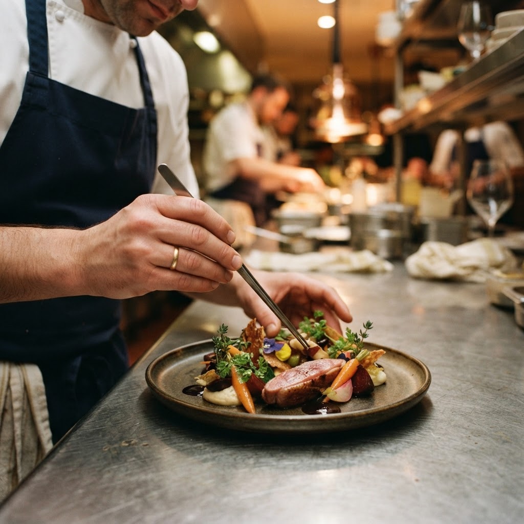 Chef plating food in a professional kitchen